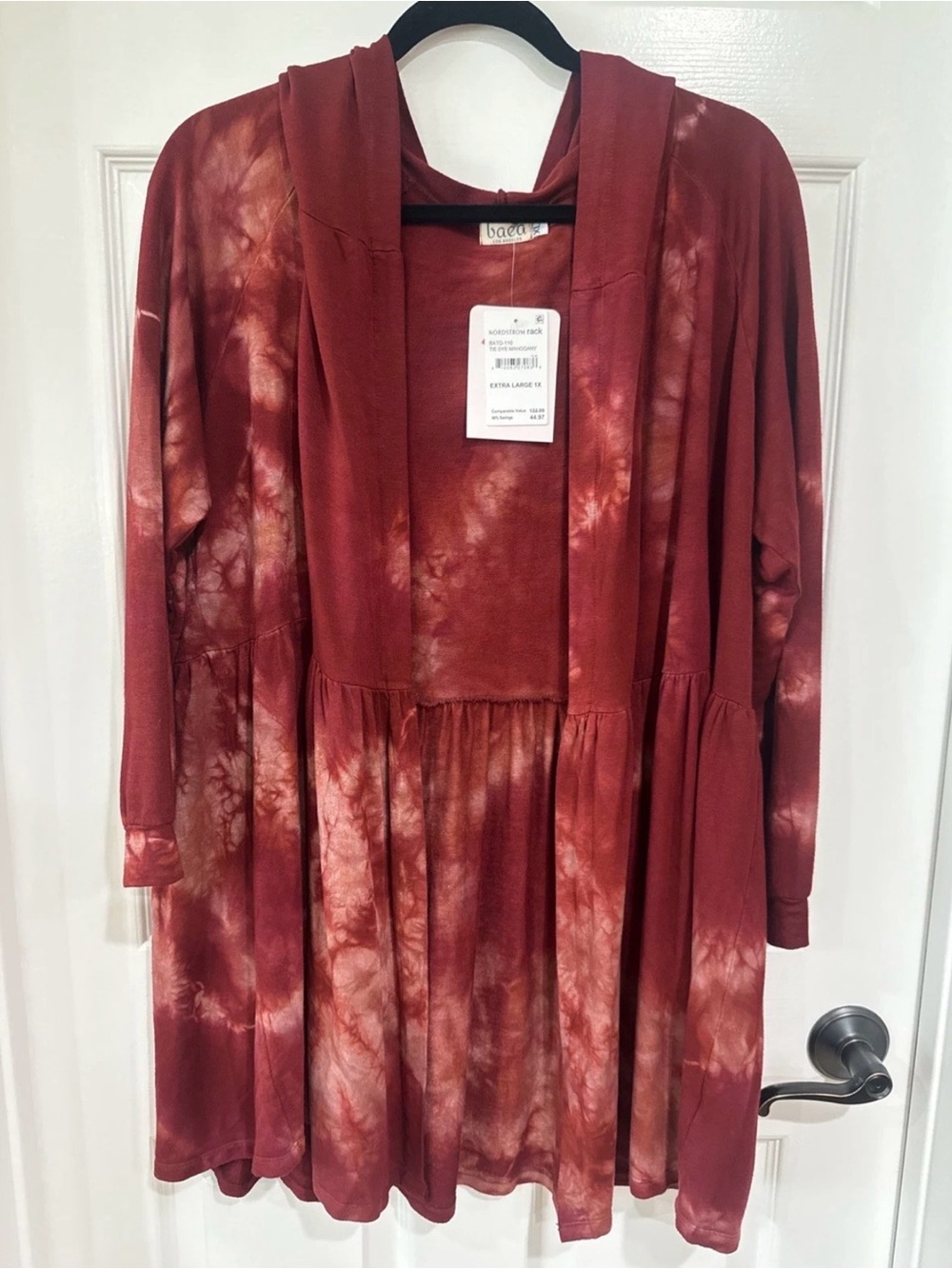 Baea Women's XL Long Sleeve Hooded Open Front Cardigan Tie Dye Mahogany SEE NOTE